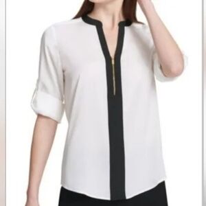 🎉Host Pick🎉 Calvin Klein sheer white top, black trim, roll tab sleeves Office
